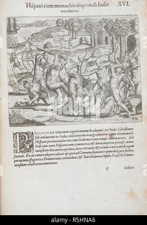 Gli indiani vendicarsi sui sacerdoti. I nativi d America uccidendo spagnolo i sacerdoti cattolici. . Historia AmericÃ¦ siue Noui Orbis. Francofurti : Sumptibus M. Meriani, 1634. Fonte: 215.c.14.(1.). Lingue: Latina. Autore: DE BRY, THEODOR. Foto Stock