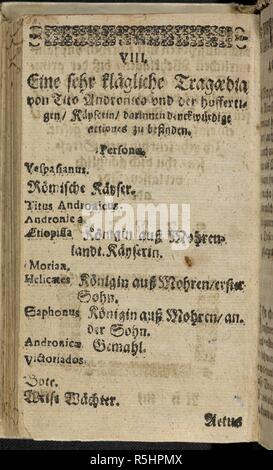 Pagina del titolo della traduzione in tedesco di "Tito Andronicus', tre anni prima della pubblicazione di Shakespeare's primo Folio . Eine sehr klaÌˆgliche Tragoedia von Titus Andronicus und der hoffertigen KaÌˆyserin, ecc. 1620. Fonte: C.95.b.36, pagina 568. Lingua: tedesco. Foto Stock
