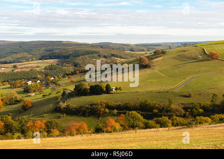 Ollmuth, Ruwer, agricoltura nell'idilliaco e paesaggio collinare di Ollmuth vicino Saarburg in Rhineland-Palantine, Germania, Europa Foto Stock