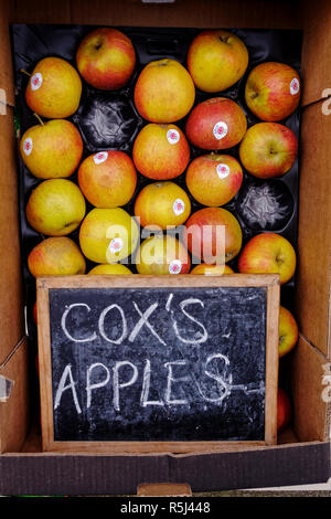 Scatola di Cox's mele al di fuori del negozio di frutta. Foto Stock