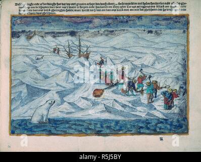 William Barents filamento spedizione nell'Artico nel 1596. Un orso polare in primo piano. Waerachtighe Beschrijvinghe van drie seylagien ... Amsterdam, 1598. William Barents filamento spedizione nell'Artico nel 1596. Un orso polare in primo piano. Immagine presa da Waerachtighe Beschrijvinghe van drie seylagien, ter werelt noyt soo vreemt ghehoort, drie jeeren achter malcanderen deur de Hollandtsche ende Zeelandtsche schepen da noorden, Noorweghen, Moscovia, ende Tartaria, na de coninckrijcken van Catthay ende Cina, in modo mede vande opdoeninghe vande Weygats, Nova Sembla, e:n van:t landt op de Foto Stock