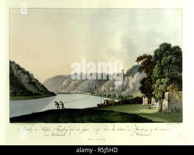 Un gruppo di persone riposare sotto gli alberi su un prato da un muro di pietra in primo piano sulla destra, con barche sul Reno sulla sinistra e una vista del maus Castello su una collina sopra il paese di Wellmich in background. Ansicht des Schlosses Thurnberg und der gegend von Welmenach = vue du chÃ¢teau de Thurnberg & les dintorni de Welmenach. Wien : bey Artaria Comp., [1798]. colorata a mano in attacco. Fonte: Mappe 6.tab.12, la piastra 20. Lingua: Tedesco e Francese. Autore: Ziegler, J. Foto Stock