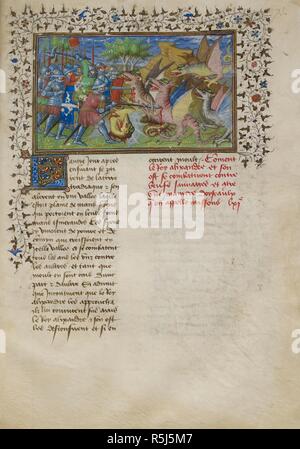 Alexander combatte i draghi. La Vraye Histoire du Bon Roy Alixandre (l'Alexan. Francia; all inizio del XV secolo. (Intero folio) Alessandro il Grande lotta contro draghi con smeraldi in la loro fronte. Immagine presa da La Vraye Histoire du Bon Roy Alixandre (The Alexander Romance in francese antico prosa). Originariamente pubblicato/prodotti in Francia; all inizio del XV secolo. . Fonte: Royal 20 B. XX, f.73. Lingua: Francese. Foto Stock