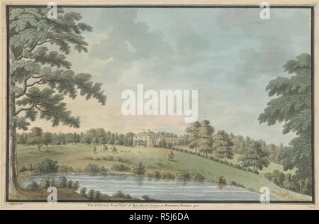 Un corpo di acqua in primo piano; le figure e i cavalli su una battuta di caccia nella terra di mezzo in un vasto parco; Brickley (o) Byrkley Lodge a distanza; gli alberi in tutta la scena. Il sud e est vista di BRICKLEY LODGE, nella foresta NEEDWOOD, 1786. 1786. Penna e inchiostro nero con acquarello su matita. Fonte: Mappe K.Top.38,49.a. Lingua: Inglese. Foto Stock