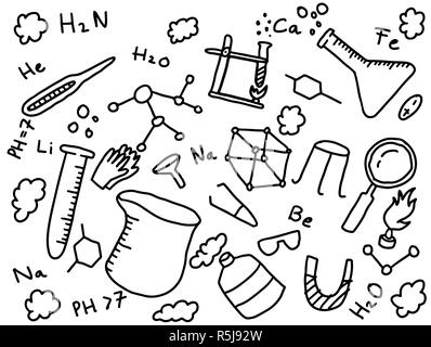 Farmacia Chimica doodle istruzione arte stile con strumenti in cose chimico Foto Stock