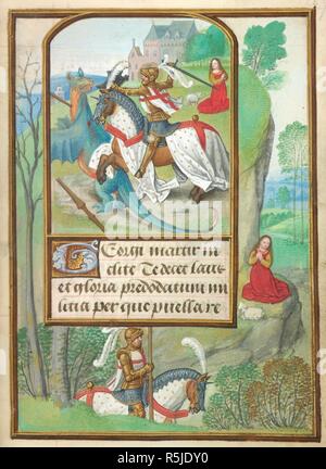 San Giorgio che combatte il drago per il soccorso di una signora. Libro d Ore. S. Paesi Bassi (Bruges), 1500-1515. Fonte: Egerton 1147, f.259. Lingue: Latina. Autore: Maestro di Dresda Libro di preghiera. Foto Stock