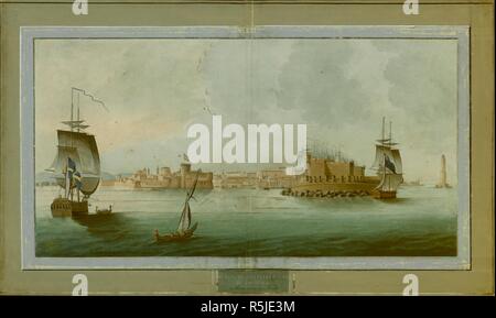 Due svedesi e britannici di navi che navigano nei pressi del porto di Livorno vista da ovest, con i marinai del canottaggio a due barche in primo piano. Le fortificazioni su entrambi i lati dell'entrata del porto al di là, gli alberi e le vele visto sopra le mura della città e la città in background, con la Chiesa di Santa Caterina a sinistra e il faro (Fanale dei Pisani) sulla destra. VEDUTA DELLA CITTÃ€ E PORTO DI LIVORNO. [Firenze] : a Firenze, presso Gius. Bardi, [tra il 1790 e il 1800]. Fonte: Mappe K.Top.80.13.g. Lingua: Italiano. Foto Stock