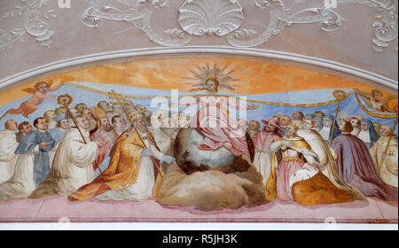 Vergine Maria, affresco di Johann Adam Remele in Bernard Hall, Abbazia Cistercense di Bronbach in Reicholzheim vicino Wertheim, Germania Foto Stock