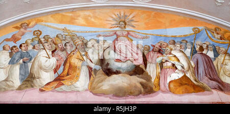 Vergine Maria, affresco di Johann Adam Remele in Bernard Hall, Abbazia Cistercense di Bronbach in Reicholzheim vicino Wertheim, Germania Foto Stock