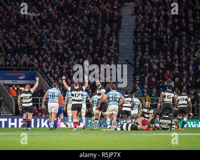 Twickenham, Regno Unito, sabato 1 dicembre, 2018 RFU Rugby Stadium, Inghilterra, durante la Killik Cup match a Twickenham, solleva i bracci' dal Baa-Barrs, dopo aver vinto la partita in chiusura di minuti del Baa-Baas vs Argentina, Credito: Pietro SPURRIER/Alamy Live News Foto Stock