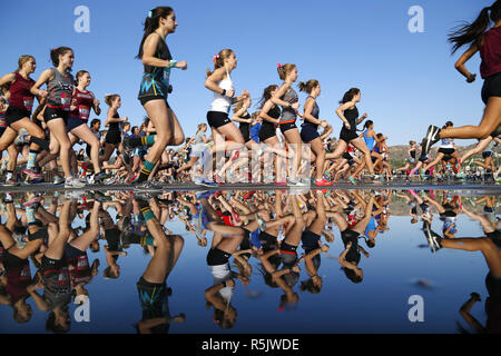 Walnut, CA, Stati Uniti d'America. 1 dicembre, 2018. 1 dicembre 2018 - Noce, California, Stati Uniti d'America - High school guide sono riflesse all'inizio le ragazze Senior gara al Foot Locker Cross Country Campionati Regionali occidentale a Mt. San Antonio College in noce, CA. Credito: KC Alfred/ZUMA filo/Alamy Live News Foto Stock