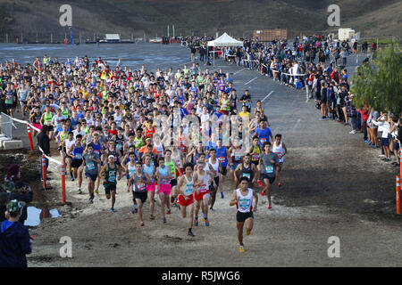 Walnut, CA, Stati Uniti d'America. 1 dicembre, 2018. 1 dicembre 2018 - Noce, California, Stati Uniti d'America - High school guide sono riflesse all'inizio la Junior Ragazzi gara al Foot Locker Cross Country Campionati Regionali occidentale a Mt. San Antonio College in noce, CA. Credito: KC Alfred/ZUMA filo/Alamy Live News Foto Stock