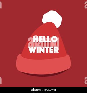 Vector Ciao Inverno Poster tipografici con Santa Claus Hat. Disegnata a mano una frase. Scritte su sfondo rosso Illustrazione Vettoriale