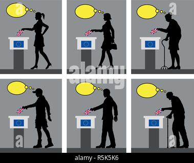 I cittadini britannici di voto per Brexit nel Regno Unito con bolle di pensiero. Tutti gli oggetti di silhouette e gli sfondi sono in diversi strati. Illustrazione Vettoriale