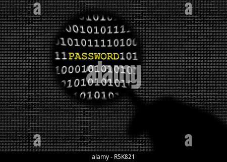 Mano che tiene la lente di ingrandimento su codice binario e il testo della password Foto Stock