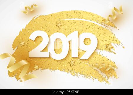 Felice Anno Nuovo 2019 web banner. 3d i numeri. Banner in stile grunge. Natale stelle d'oro, lecca-lecca e serpentino. Vacanze di lusso brochure. Il vettore Illustrazione Vettoriale