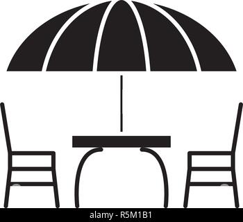 Spiaggia di tavolo e sedie icona nera, segno del vettore su sfondo isolato. Spiaggia di tavolo e sedie concetto simbolo, illustrazione Illustrazione Vettoriale