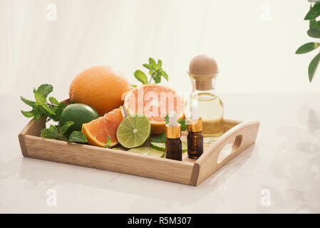 Organici cosmetici con estratti di erbe di limone, arancio, menta su sfondo lucido Foto Stock