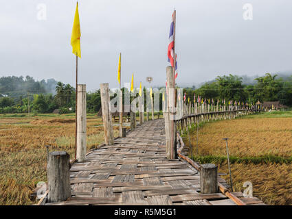 Il vecchio ponte di bambù pass campo di riso in vista la mattina Foto Stock