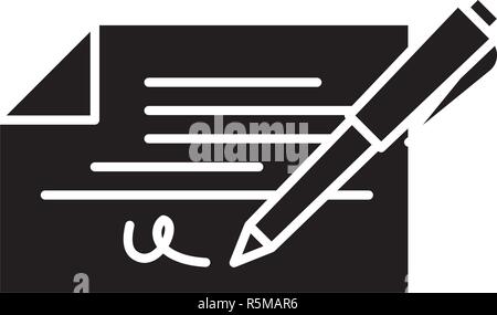 Controllo firma icona nera, segno del vettore su sfondo isolato. Controllare il concetto di firma simbolo, illustrazione Illustrazione Vettoriale
