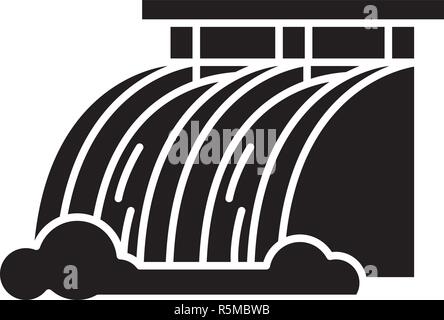 Centrale idroelettrica icona nera, segno del vettore su sfondo isolato. Centrale idroelettrica concetto simbolo, illustrazione Illustrazione Vettoriale
