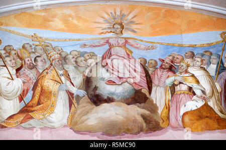 Vergine Maria, affresco di Johann Adam Remele in Bernard Hall, Abbazia Cistercense di Bronbach in Reicholzheim vicino Wertheim, Germania Foto Stock