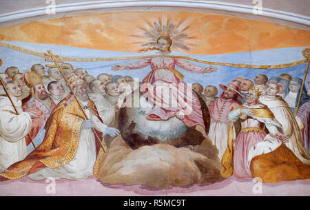 Vergine Maria, affresco di Johann Adam Remele in Bernard Hall, Abbazia Cistercense di Bronbach in Reicholzheim vicino Wertheim, Germania Foto Stock