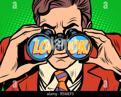Guardare imprenditore guardando attraverso il binocolo Foto Stock