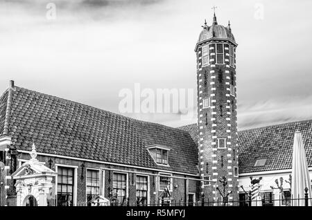 Bianco e nero illustrazione degli edifici di Alkmaar, Paesi Bassi Foto Stock