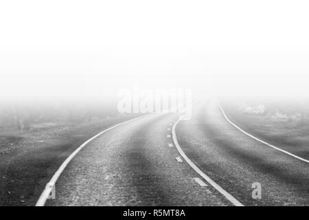 Piegatura di strada di campagna scomparendo nella nebbia di mattina in bianco e nero Foto Stock