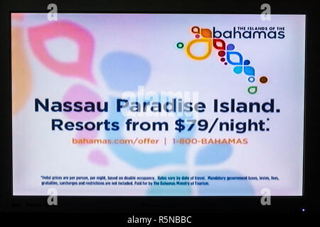 Miami Beach Florida, TV a schermo piatto, televisione, set, screen shot, media, pubblicità pubblicitaria, pubblicità, commerciale, Nassau, Bahamas, resort, touris Foto Stock
