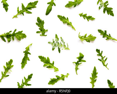 Cornice fatta di foglie di rucola su sfondo bianco Foto Stock