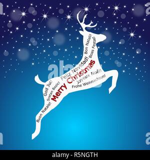 Buon Natale wordcloud su una renna lucida su sfondo blu - illustrazione Foto Stock
