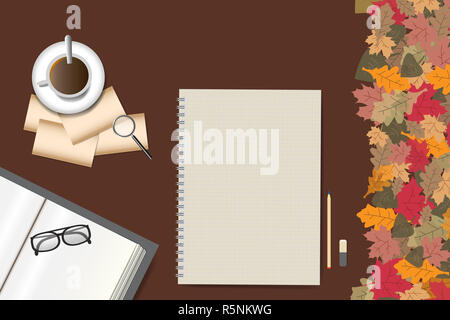 Svuotare il blocco note sul design autunno tabella Foto Stock