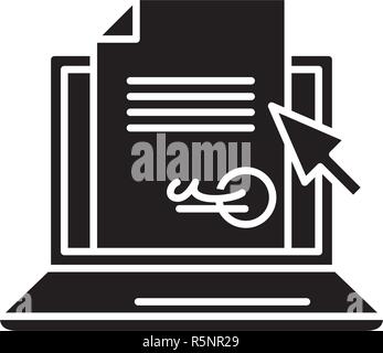 La firma elettronica del contratto icona nera, segno del vettore su sfondo isolato. La firma elettronica del contratto nozione simbolo, illustrazione Illustrazione Vettoriale