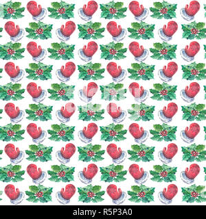 Acquerello Natale seamless pattern con red muffole, bacche e holly rami. Foto Stock