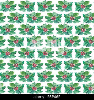 Acquerello natale pattern senza giunture di holly berry ramoscelli su sfondo bianco. Foto Stock