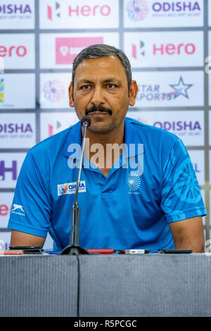 BHUBANESWAR, 01-12-2018, Odisha Hockey uomini di Coppa del Mondo di Bhubaneswar 2018. Luogo: Kalinga Stadium. Harendra Singh durante la conferenza stampa. Foto Stock