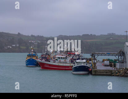 Unione Hall, West Cork, Irlanda, Dicembre 022018. L'Unione Hall della flotta di pesca che si è svolta a fianco dopo il ricovero da recenti tempeste guida mari enorme è stata infine rendere pronto a mettere a mare oggi come il tempo attenuata con appena venti leggeri e condizioni più blande. Credito: aphperspective/Alamy Live News Foto Stock