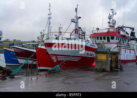 Unione Hall, West Cork, Irlanda, Dicembre 022018. L'Unione Hall della flotta di pesca che si è svolta a fianco dopo il ricovero da recenti tempeste guida mari enorme è stata infine rendere pronto a mettere a mare oggi come il tempo attenuata con appena venti leggeri e condizioni più blande. Credito: aphperspective/Alamy Live News Foto Stock