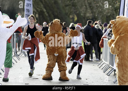 London, Greater London, Regno Unito. 2° dic, 2018. ai partecipanti di Santa costumi visto in esecuzione passato un partecipante vestito in un costume di tiger durante il run.Corridori vestiti da Babbo Natale ha partecipato a una grande esecuzione in Victoria Park. I partecipanti avevano la possibilità di scelta di 5 km e 10km di percorso attraverso il parco e lo scopo della manifestazione è stato quello di raccogliere fondi per diverse associazioni di beneficenza. Credito: Andres Pantoja/SOPA Immagini/ZUMA filo/Alamy Live News Foto Stock