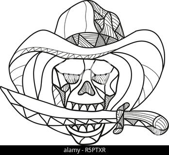 Mosaico di basso Stile del poligono illustrazione di un cowboy teschio pirata indossando un cappello di mordere un pugnale, coltello o spada visto dalla parte anteriore sulla isolato backg bianco Illustrazione Vettoriale