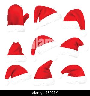 Christmas Santa Claus Cappelli con set di pelliccia, Mitten. Nuovo anno Red Hat isolati su sfondo bianco. Tappo d'inverno. Illustrazione Vettoriale. Illustrazione Vettoriale