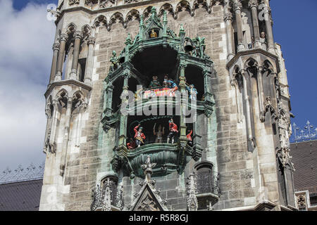 Close-up aspetto della deliziosa e molto popolare Glockenspiel che è situato nella Marienplatz di München, Germania. Foto Stock
