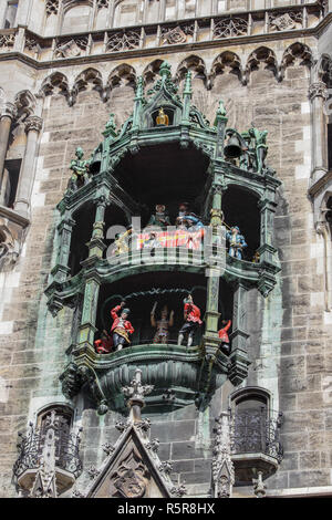 Close-up aspetto della deliziosa e molto popolare Glockenspiel che è situato nella Marienplatz di München, Germania. Foto Stock
