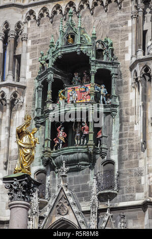 Close-up aspetto della deliziosa e molto popolare Glockenspiel che è situato nella Marienplatz di München, Germania. Foto Stock
