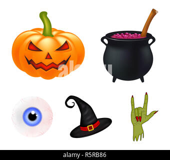 Halloween cartoon set vettoriali, simboli collezione. set di oggetti vettoriali, zucche, witch hat calderone, e più. Set di vettore di graziosi elementi di Halloween, gli oggetti e le icone per il tuo design Foto Stock