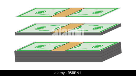 Cartoon denaro, dollar banconota, carta di bill. Illustrazione di vettore isolato su sfondo bianco Foto Stock