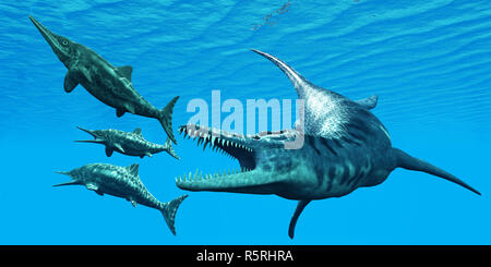 Attacchi Liopleurodon Ichthyosaurus Foto Stock