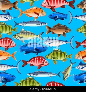 Affollate aquarium pesci seamless pattern su sfondo colorato Illustrazione Vettoriale